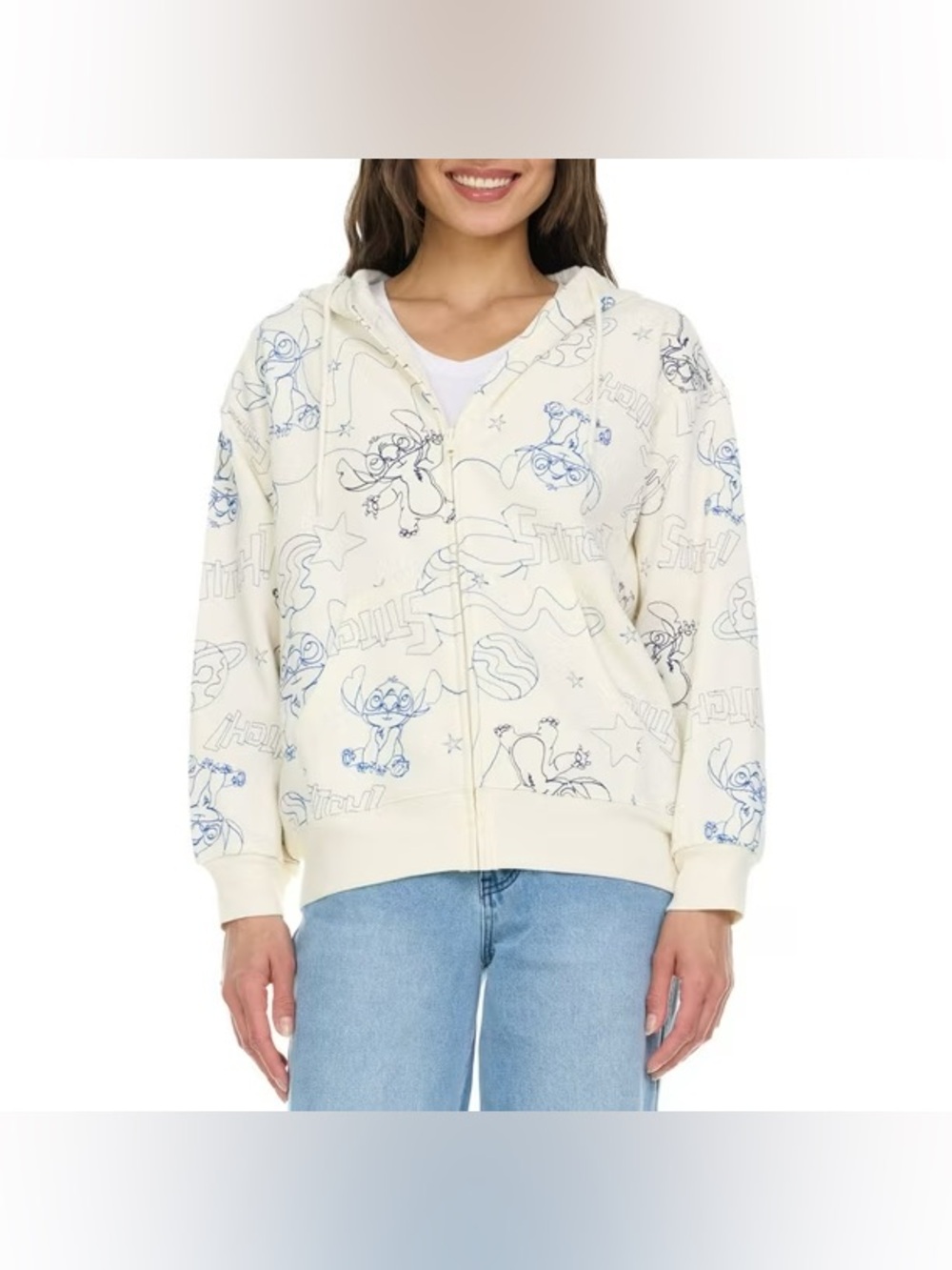 Disney Lilo & Stitch Full Zip Hoodie Cream Blue Graphic Print Women’s S